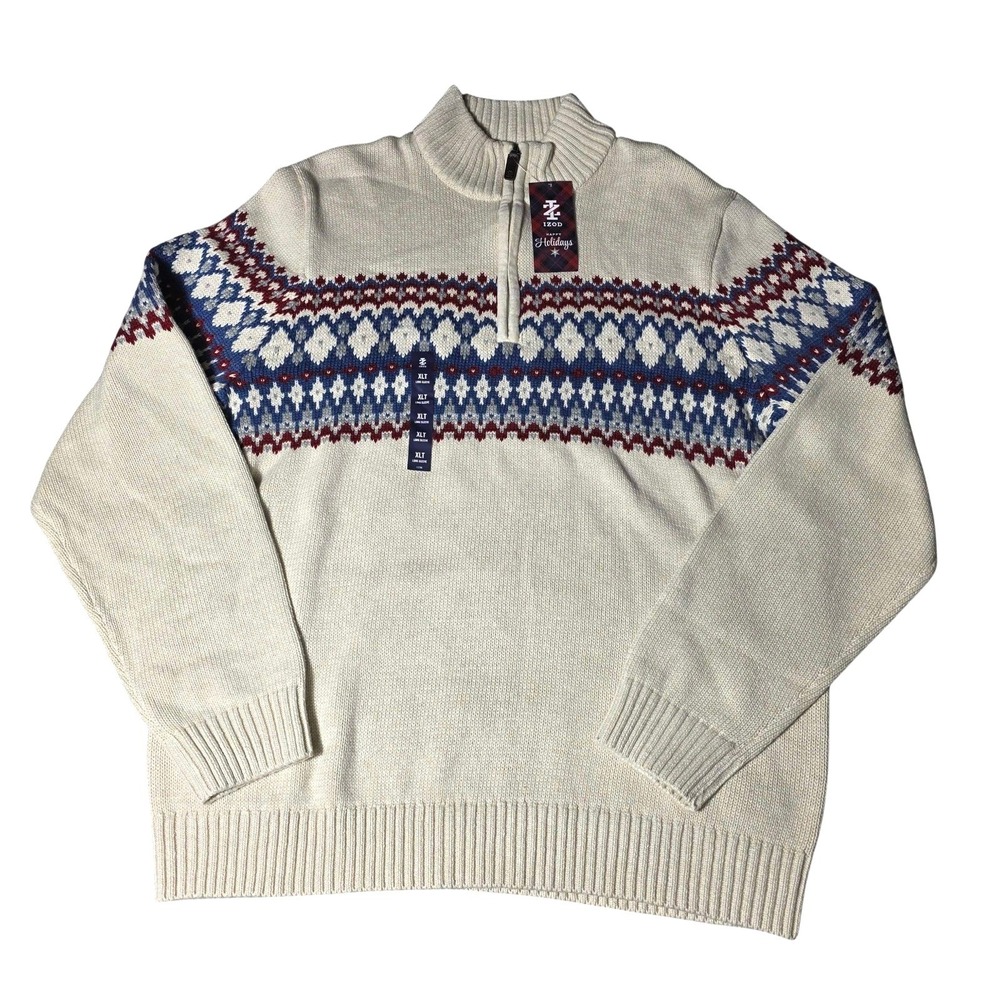 Izod Fair Isle Quarter 1/4 Zip Pullover Knit Sweater Mens XLT Cream XMAS NWT
